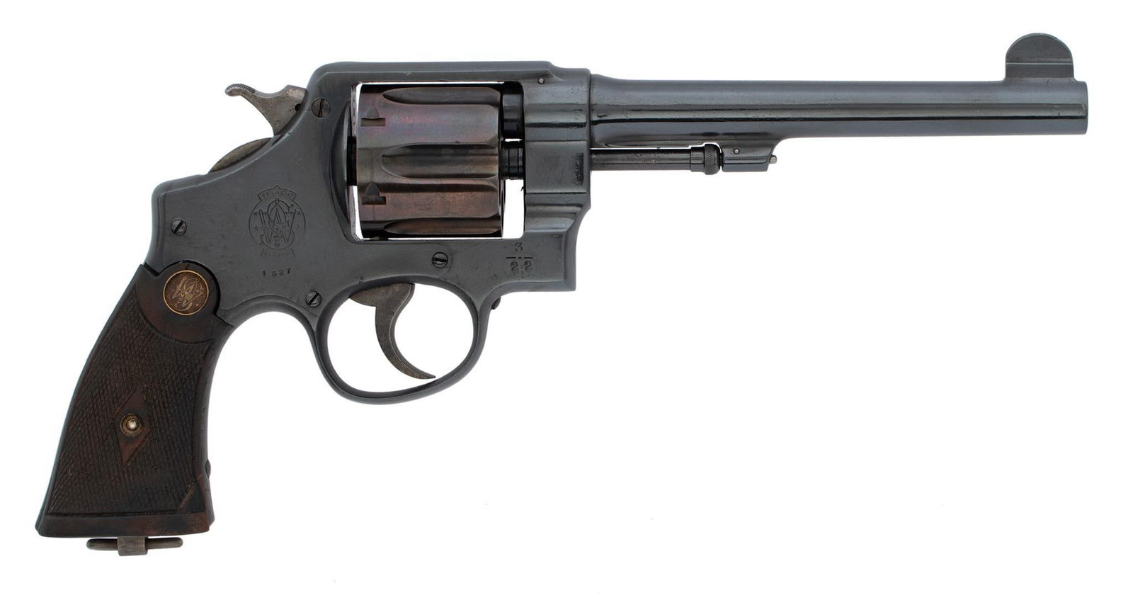 Smith & Wesson Triple Lock British Proofed: 45 caliber, 6.5" barrel, S/N 48486, This revolver has been refinished and retains most of the blue. Left side of the barrel is marked 45 Colt. Checkered walnut S&W logo graps.