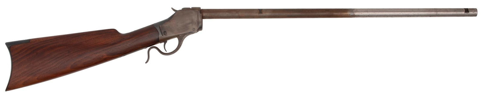 Winchester High Wall Single Shot Target Rifle (Antique): Buttstock, barrel, Action with lever, breechblock and hammer. No mainspring.