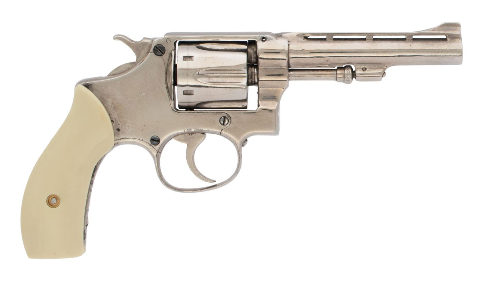 Smith & Wesson Model 22/32 Hand Ejector: 22 caliber, 4" barrel, S/N 138819, This pistol has been re-nickeled, with most of that finish. The bore is very good. White plastic grips.