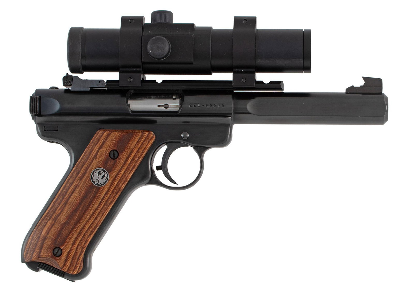 *Ruger Mk II Pistol: .22 caliber, 5.5" barrel, S/N 221-52272, Blue finish with Ruger laminated grips. Ultra dot rear sight. Like new condition.
