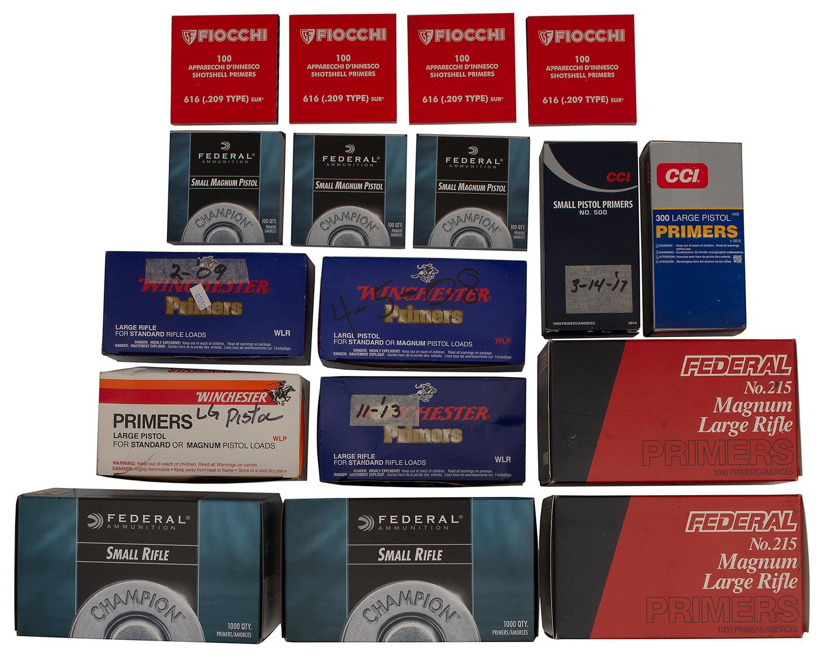 Large Group of Misc Ammo & Small Pistol Primers: Lot includes roughly 7000 primers for large rifle, small magnum pistol, small pistol, small rifle, and large pistol primers. Makers include Federal, CCI, Winchester, and Fiocchi