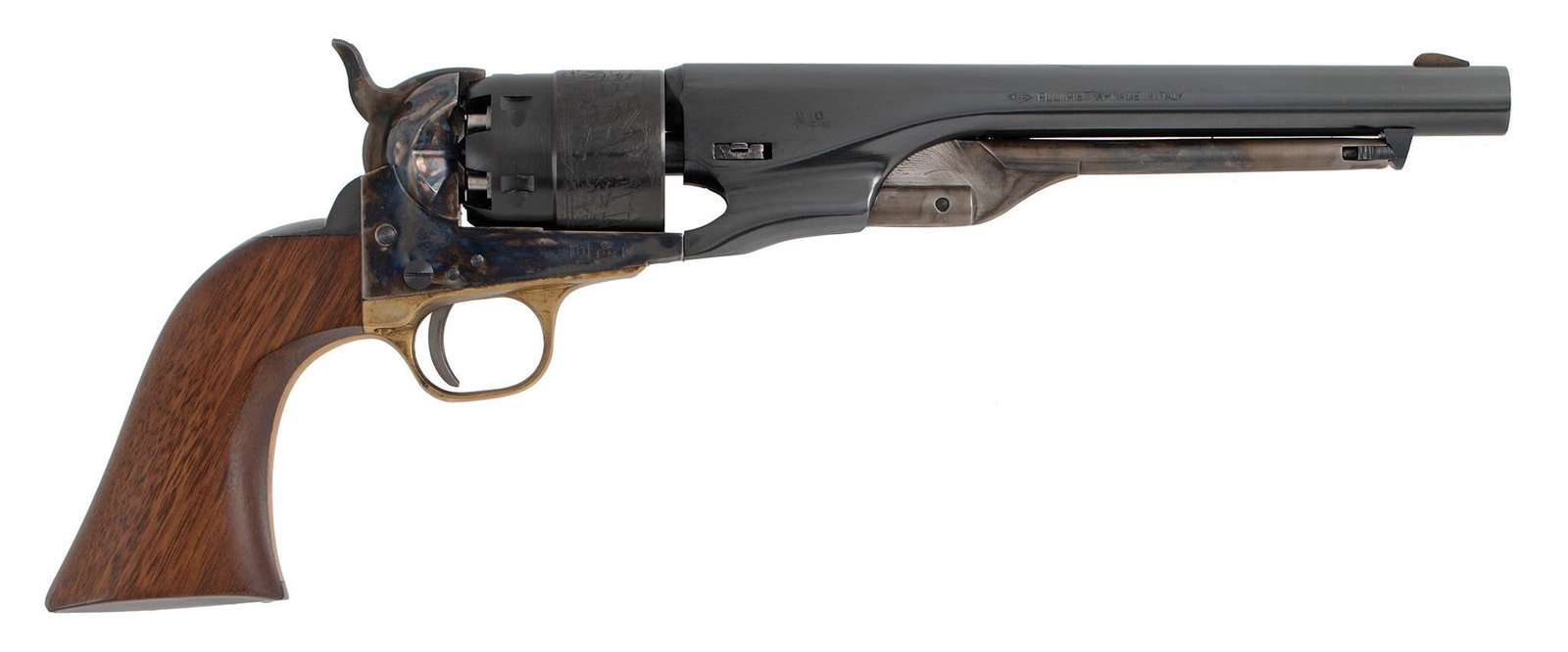 Reproduction Colt Army Percussion Revolver: 44 caliber, 8" barrel, S/N P81119, Blue and case colored finish. Revolver is in excellent condition.
