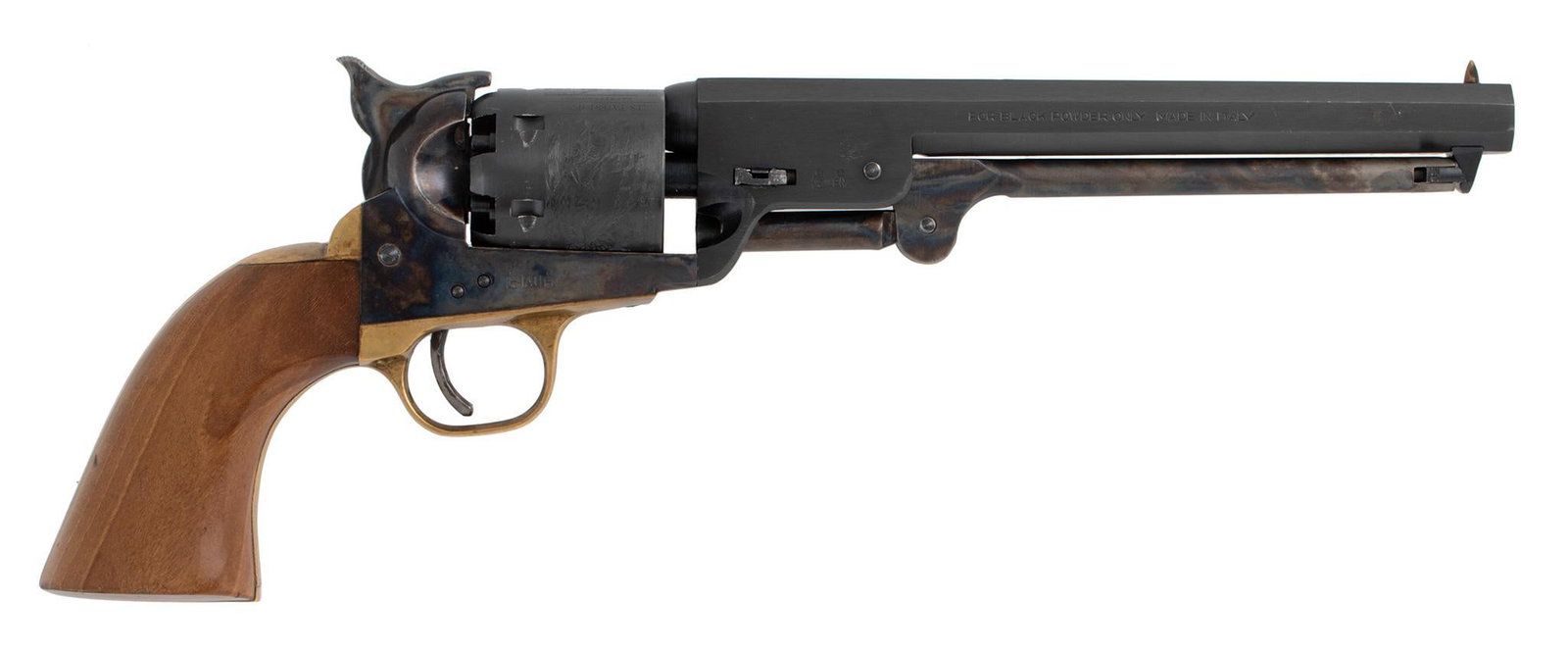 Reproduction Colt Navy Percussion Revolver By Dixie Gun Works: .36 caliber, 7.5" octagonal barrel, S/N 84842, blue and case colored with walnut grips. Excellent condition.