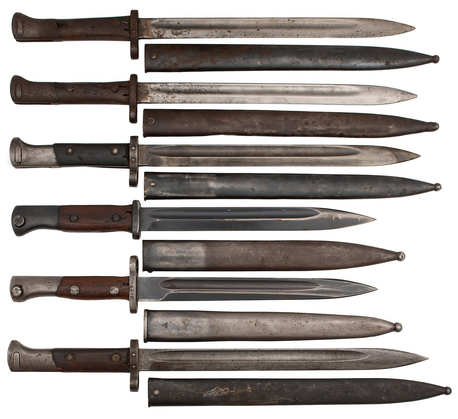 Lot of 6 European Mauser Bayonets: Yugslav M48 bayonet with matching scabbard VZ23 bayonet VZ23 bayonet VZ 24 bayonet VZ24 bayonet German 84/98 bayonet