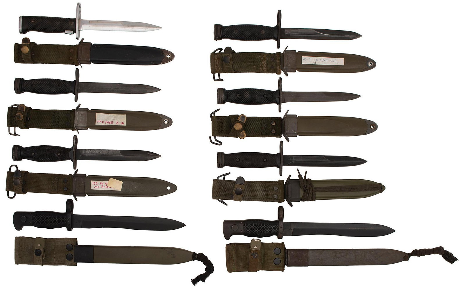 Lot of 8 US and Spanish bayonets: US M7 bayonet MILPAR US M6 bayonet Imperial Chromed US M4 bayonet No maker US M4 bayonet BrenDan US M4 bayonet KI US M4 bayonet Imperial 2 Spanish Cetme bayonets