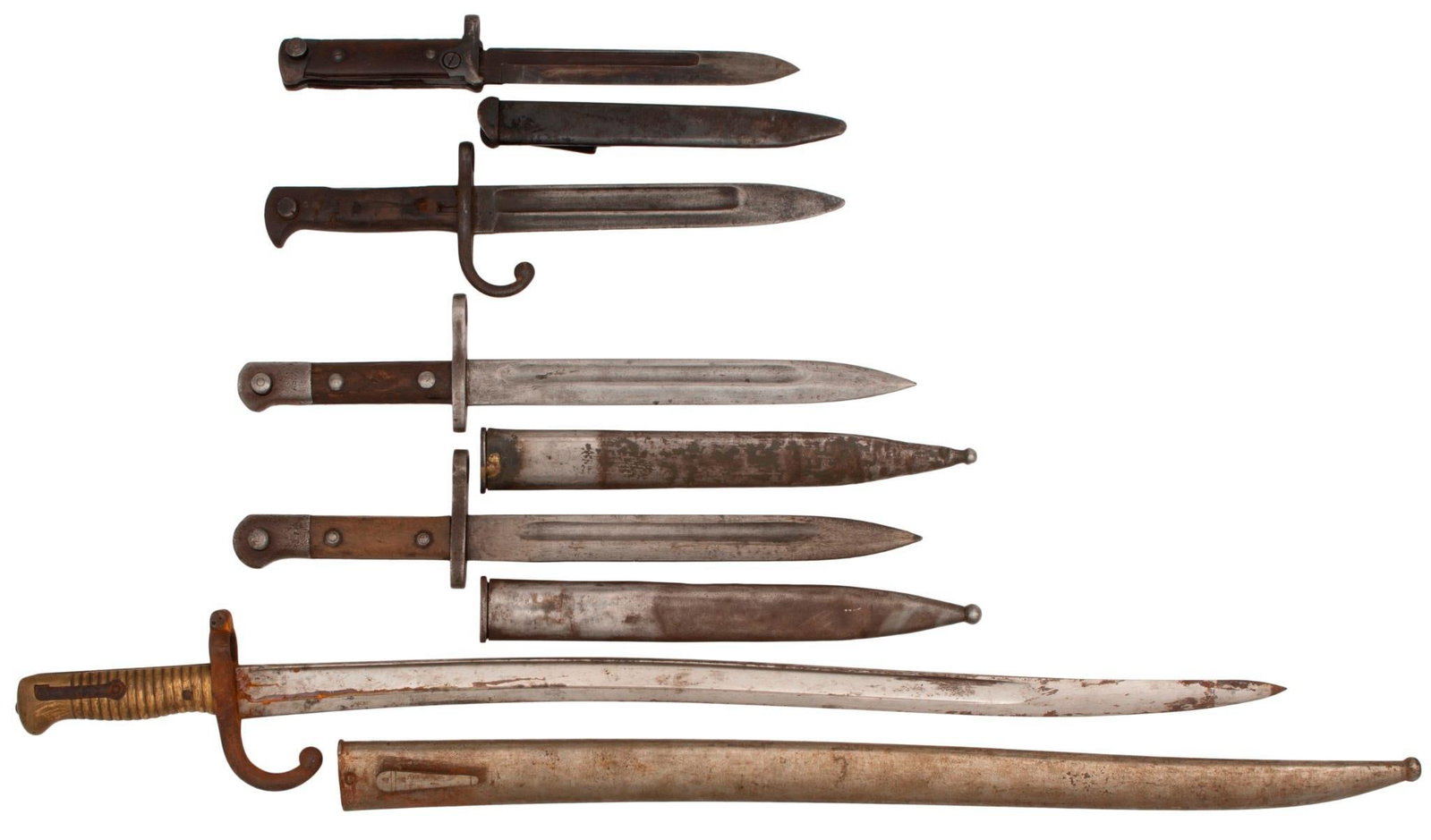 Lot of 5 European Bayonets: French Mle. 1867 Chassepot bayonet with German style altered scabbard 2 Turkish Mauser bayonets Spanish Remington Rolling Block bayonet Italian M38 folding bayonet with scabbard