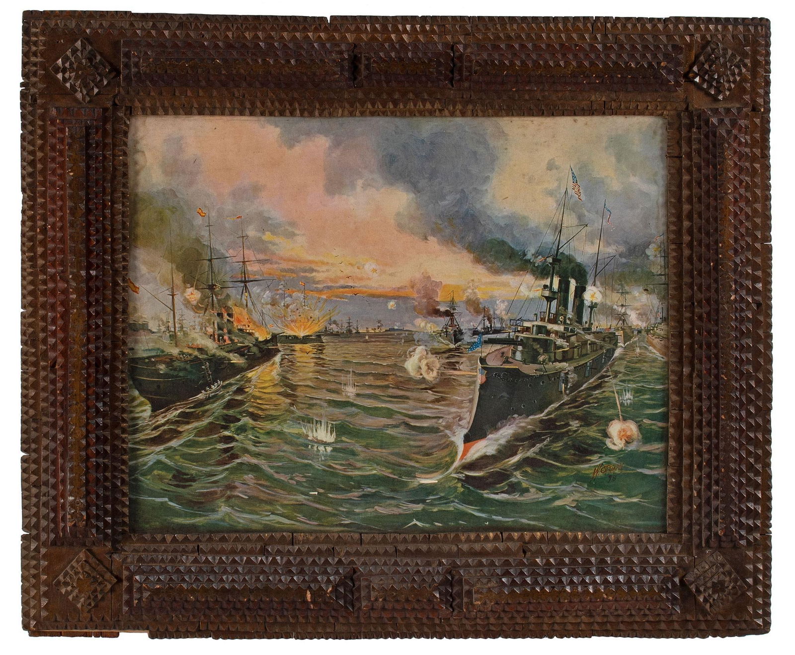 American Tramp Art Frame with Naval Lithograph of Dewey's attack on Manila bay (1 of 2)