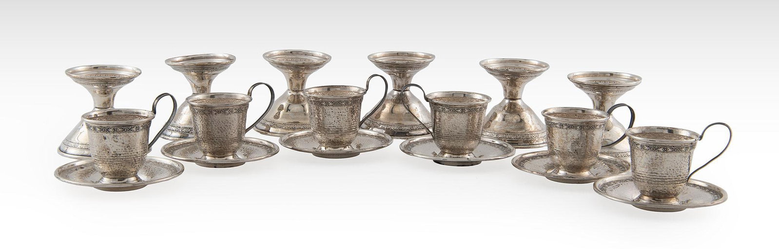 Various Sterling Silver Demitasse Service: Lot includes 6 handled demitasse, 6 footed demitasse and 6 saucers, all marked sterling, total weight