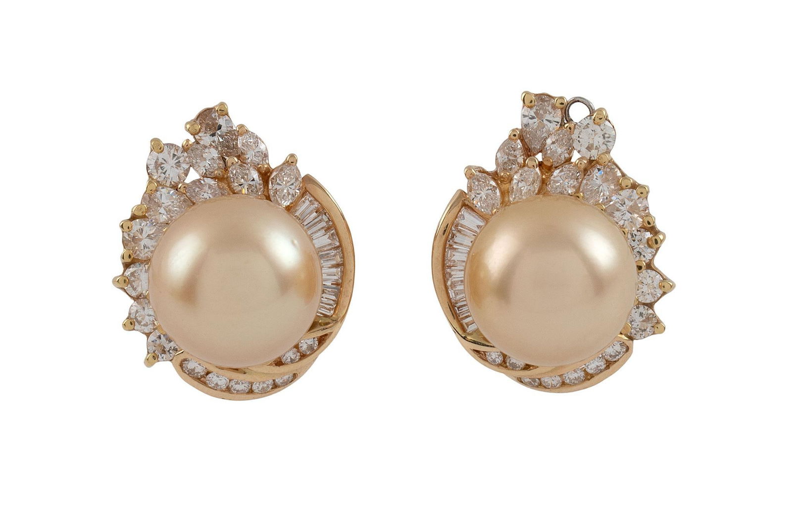 A Pair of 18K Gold and Diamond Golden Pearl Earrings (1 of 3)