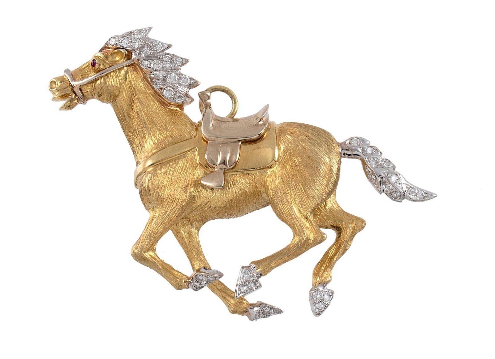 An 18k Yellow Gold and Diamond Horse Pendant: An 18k yellow gold horse pendant. The three dimensional horse measures 58mm long x 53mm high x 7mm deep, the hoofs, tail, and mane are of white gold paved with diamonds with textured finish and polish