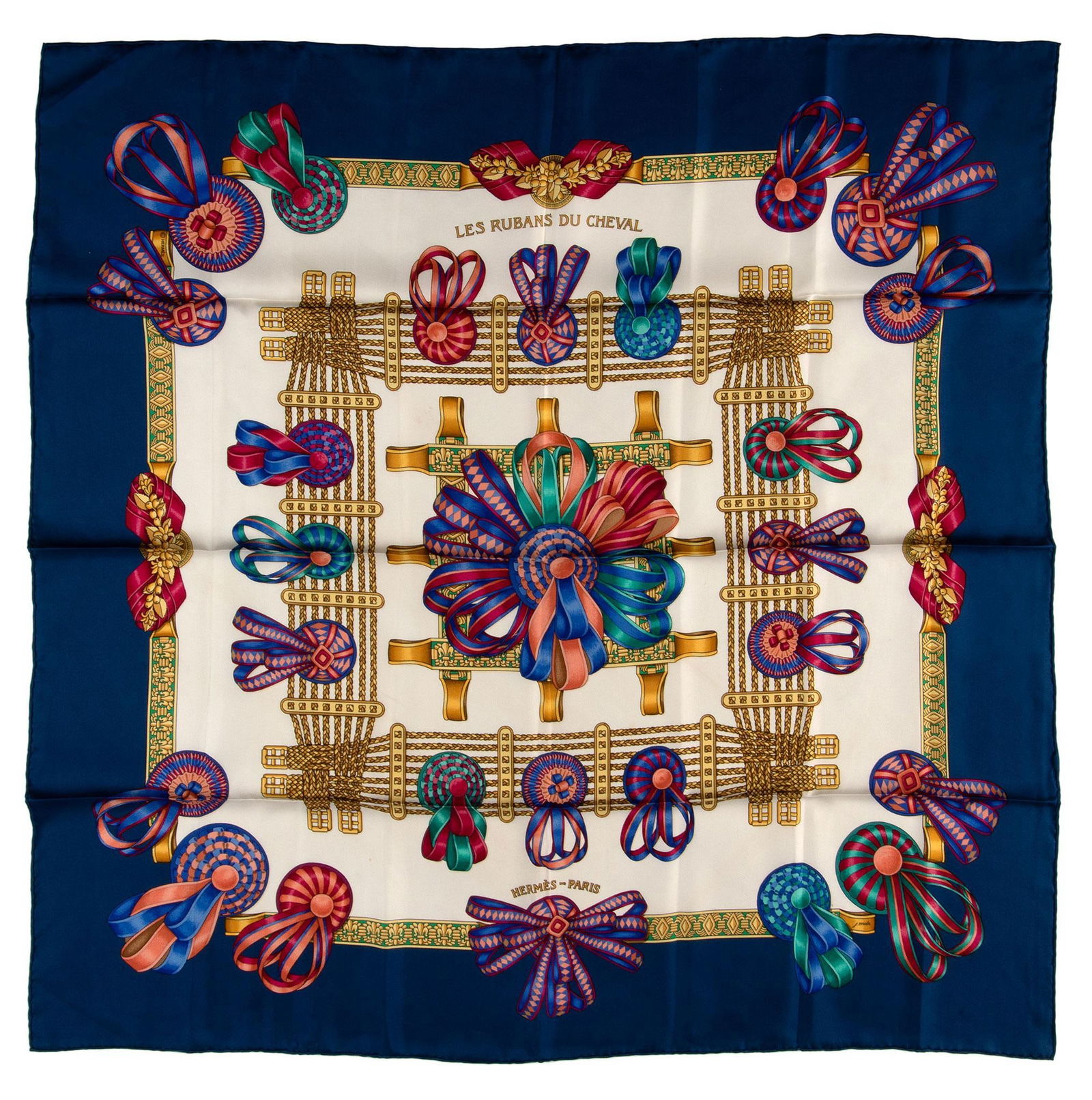 Vintage Les Rubans Du Cheval Hermes Silk Scarf: French, 20th century. A Les Rubans Du Cheval silk scarf by Hermes; 34 x 34 inches. Overall good condition. Folding creases present.