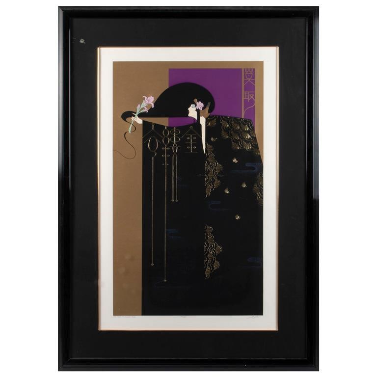 A Large Serigraph " The Gold Threaded Robe" by Lillian Shao: the gold threaded robe serigraph on paper signed l.r. 172/300 23.5 x 37.5 inches (sight) 35.5 x 49 inches (frame) Overall good condition. Provenance: Central Galleries New York.