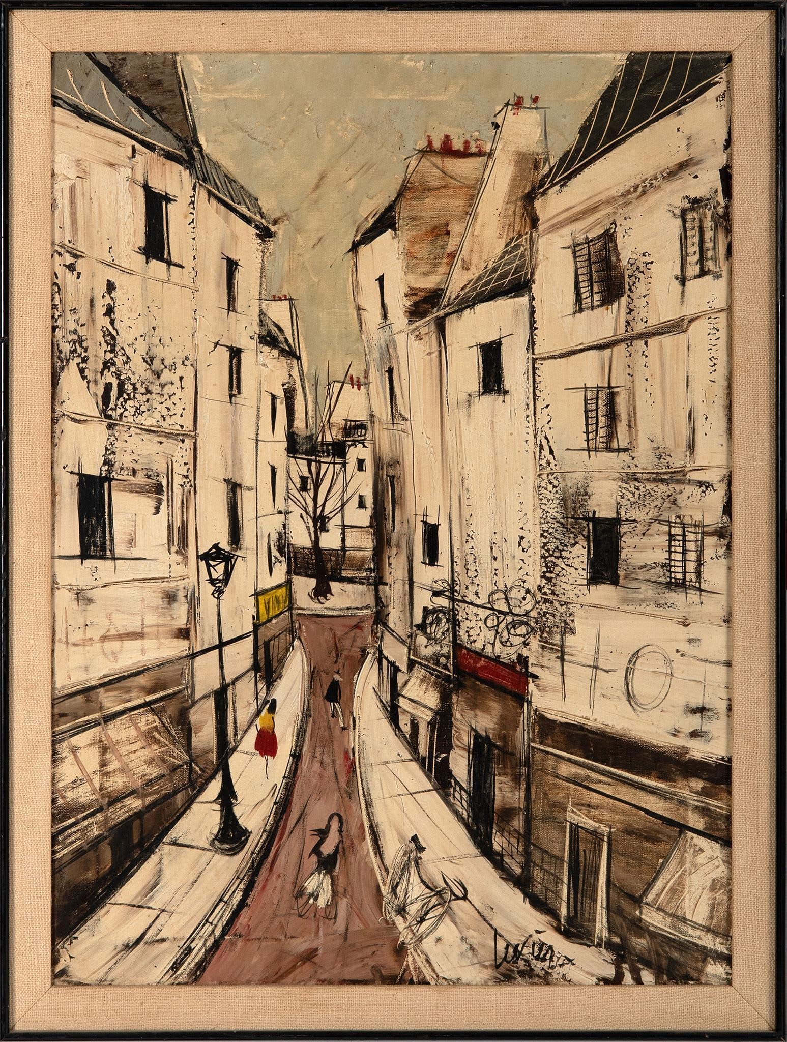 Oil on Canvas Street Scene by Charles Levier (French, 1920-2003): Village Street Scene Oil on Canvas Signed l.r. 29.5 x 21.5 inches (sight) 33.5 x 25.75 inches (frame) Overall good condiiton. Minor areas of paint loss along central upper sky. Craquelure throughout.