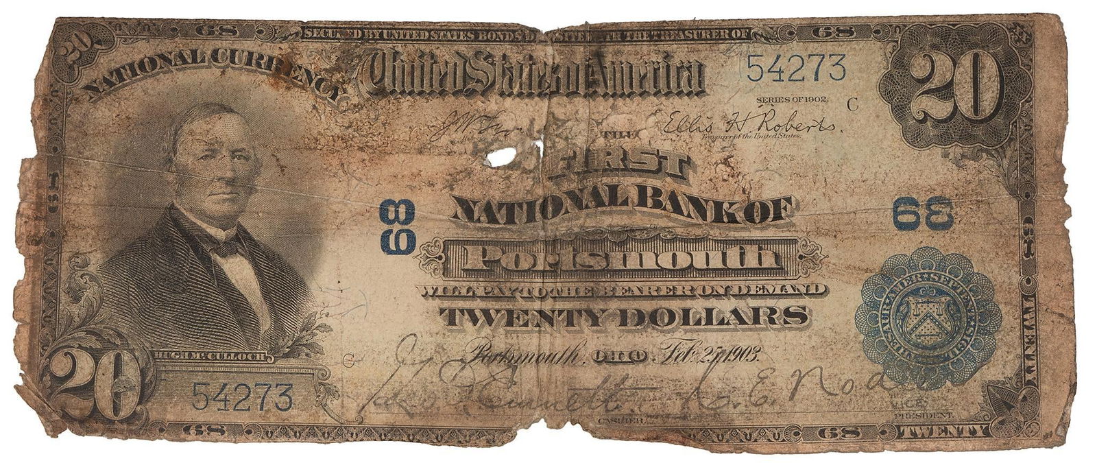 A 1903 First National Bank of Portsmouth 20 Dollar National Currency (1 of 2)