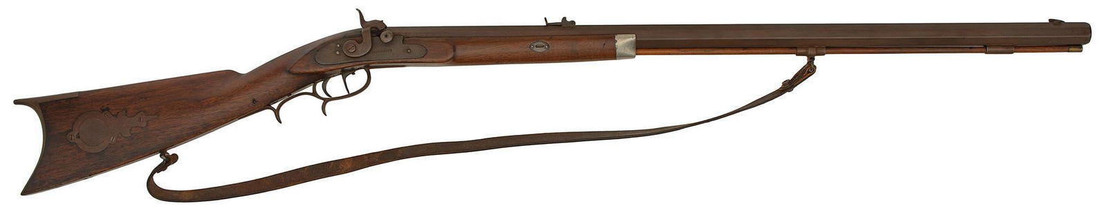 Half Stock Percussion Rifle By John Smith: .360 caliber, 31.5" octagonal barrel, Blade front sight adjustable rear notched barrel sight. Marked on the top of the barrel John Smith who worked in Sacramento, Calif., 1860-1875. Fine percussion ri
