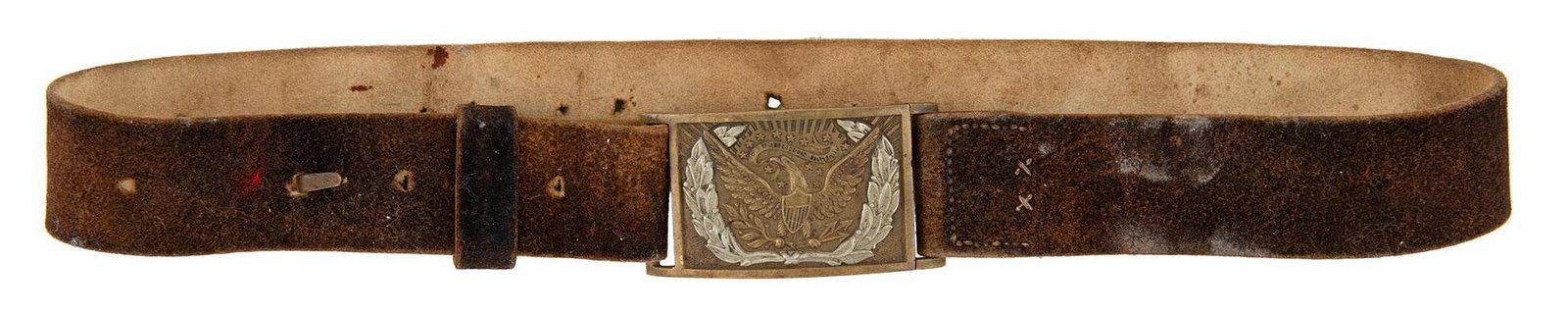 Oringinal Buff Leather Pattern 1851 Officers Belt And Buckle: Buff leather, with rectangular Buckle with Eagle and Silver wreaths. Numbered on the catch and buckle, 177. Overall the belt is in excellent condition.