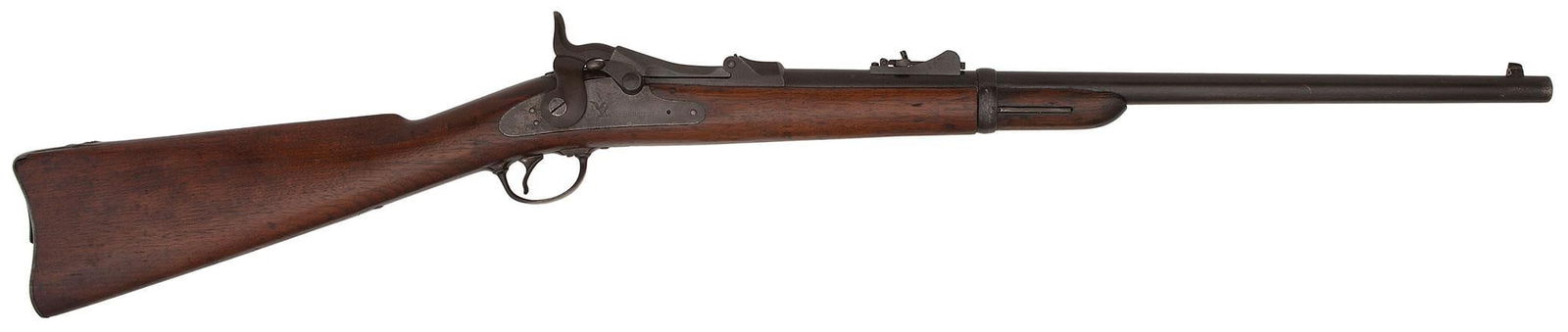 Model 1884 Springfield Trapdoor Carbine: 45-70 caliber, 22" barrel, S/N 341650. Model 1879 Carbine rear Sight, "SWP/1880" stock. This is a composite Trapdoor Carbine. The metal has nice plum look. Stock with some nicks and dings. The bore is