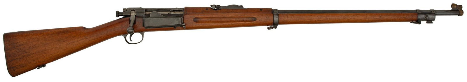 **U.S. Model 1898 Springfield Krag Rifle: 30-40 caliber, 30" barrel, S/N 308748, Blue barrel, triggerguard, bands, swivels, and buttplate. Model 98 rear barrel sight. Mottled gray to blue receiver. Walnut stock and handguard. This is a specta