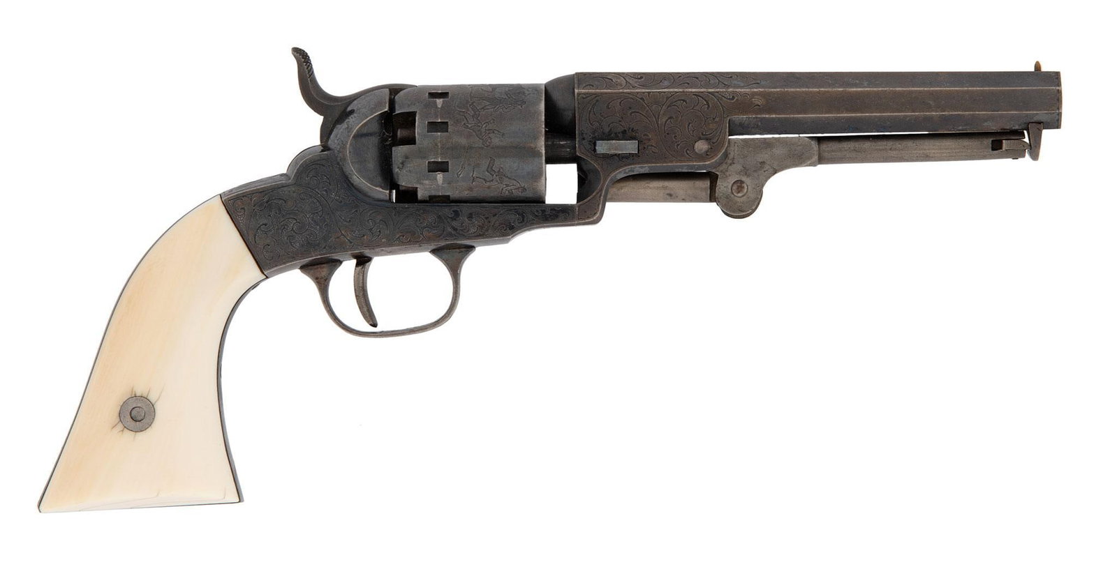 Factory Engraved Manhattan Percussion Pocket Pistol: .31 caliber, 5" octagonal barrel, S/N 239, Blue finish, Engraved with floral design scrolls. Stage Coach scene engraved on the cylinder. Patent markings on the bottom of the frame. Original two piece 