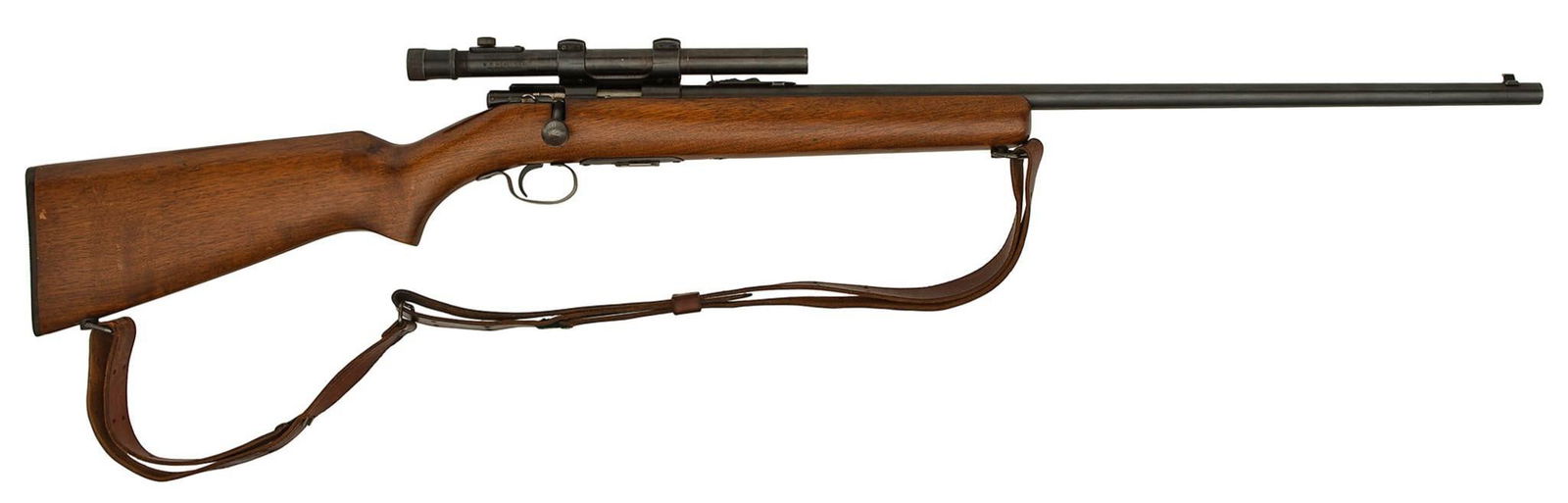 **Winchester Model 69A Rifle: 22 S, L, LR caliber, 25" barrel, NSN, Blue with walnut stock and leather sling. Mounted with a Weaver 330 scope. Overall very good to excellent.
