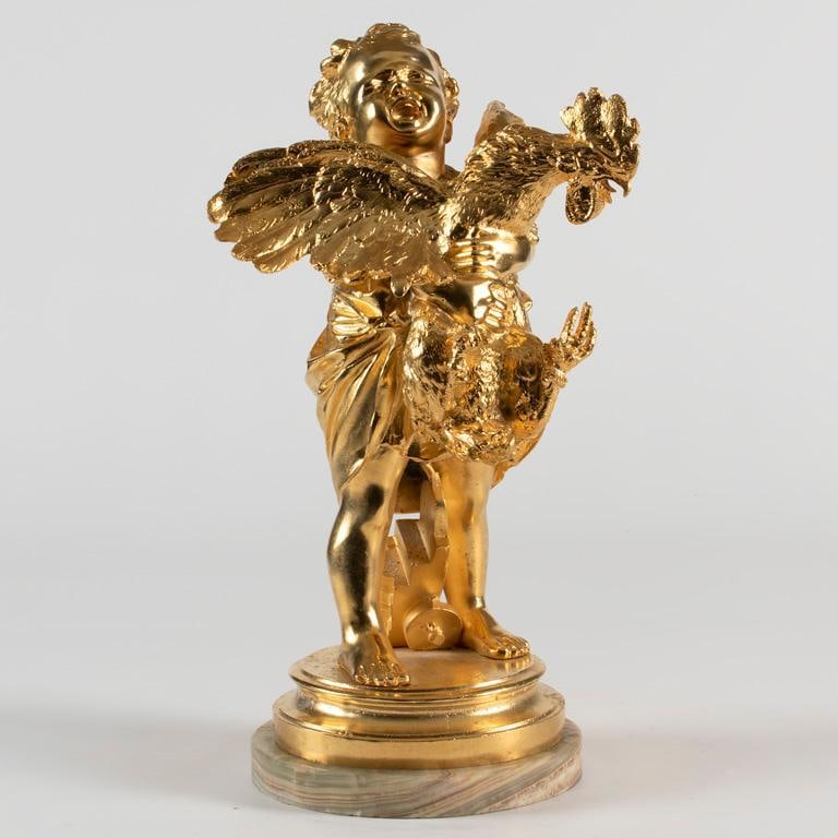 A Gilded Bronze Sculpture After Adriano Cecioni (Italian, 1838-1886): Enfant Au Coq bronze sculpture signed on base Adriano Cecioni Firenze canon marked 28 rising on round onyx base ht. 13.75, wd. 8, dp. 7.5 inches (sculpture) Overall good condition. Loss to gilt in are