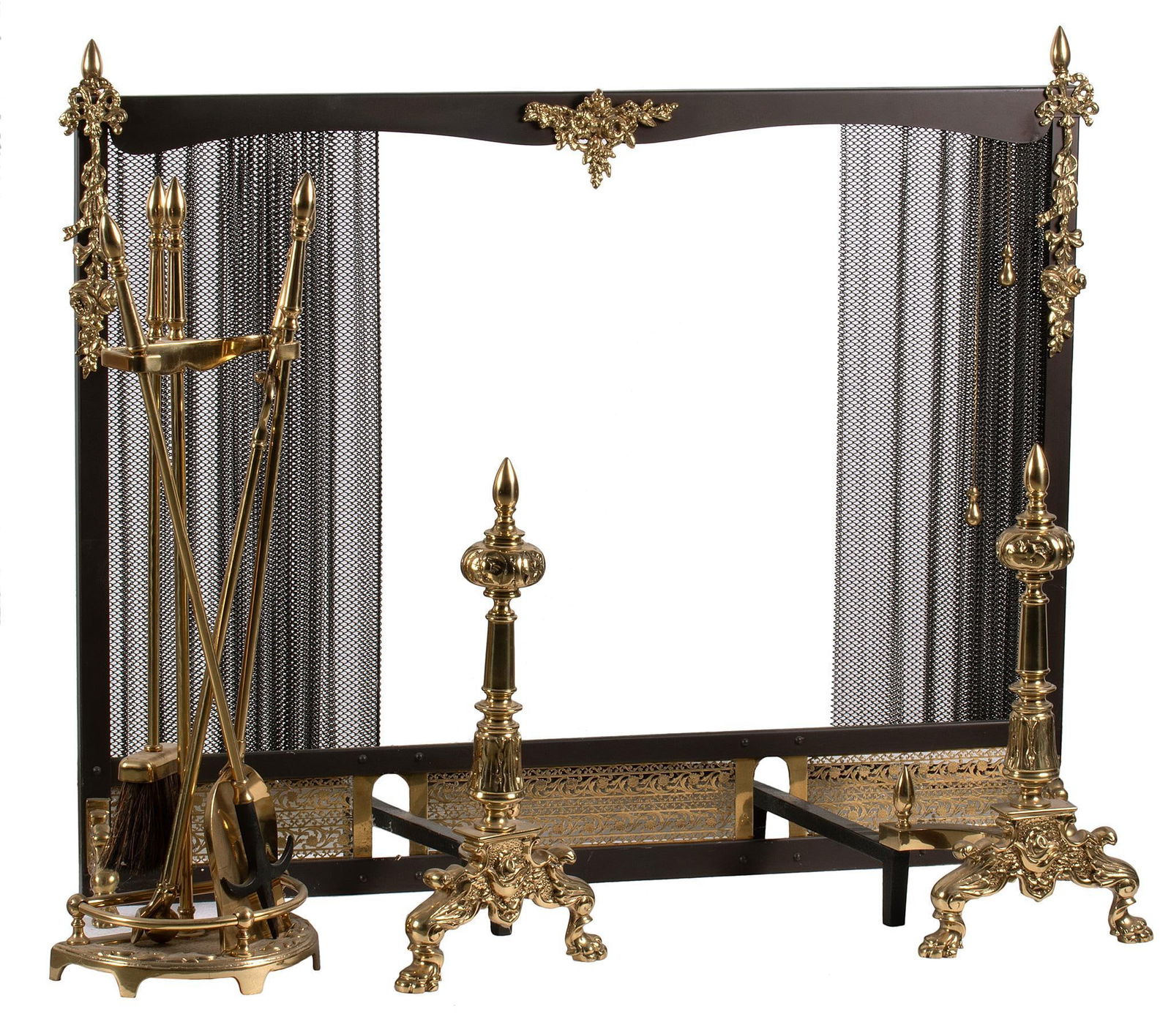 Brass Fireplace Screen, Tools and Andirons (1 of 1)