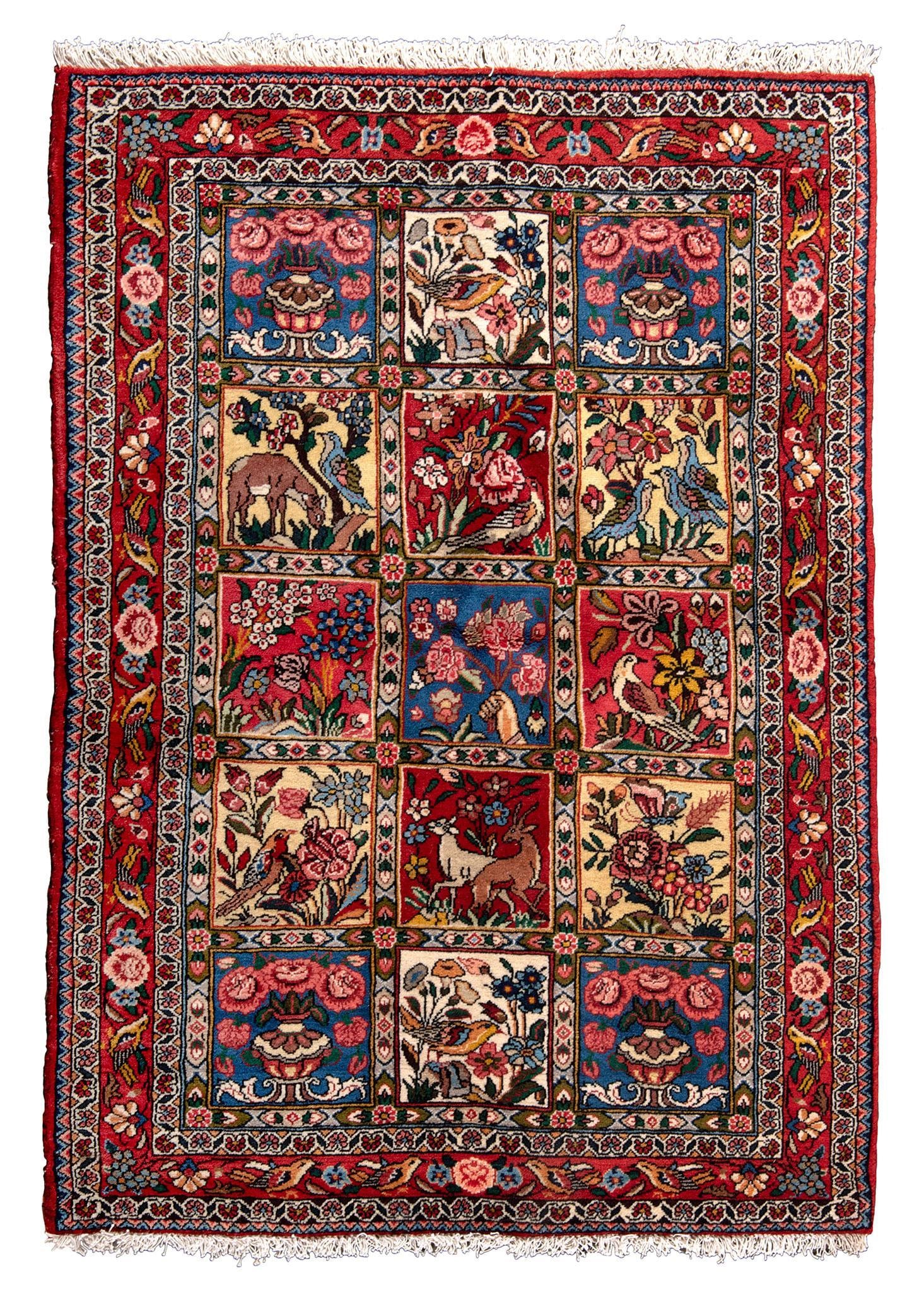 Persian Bakh Pictorial Area Rug: Iran, 20th century; 60 x 42 inches Overall good condition.