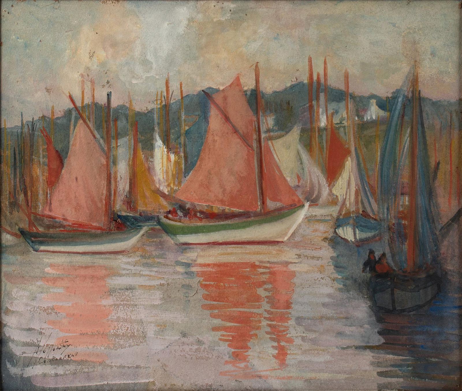 A Harbor Scene Watercolor by Charles Edward Holloway (1838-1897): Harbor Scene of Concarneau Watercolor gouache on paper Signed l.l. 12.5 x 14.5 inches (sight) 19 x 21 inches (frame) Overall good condition. Minor flaking and loss of medium. Minor restoration of medi