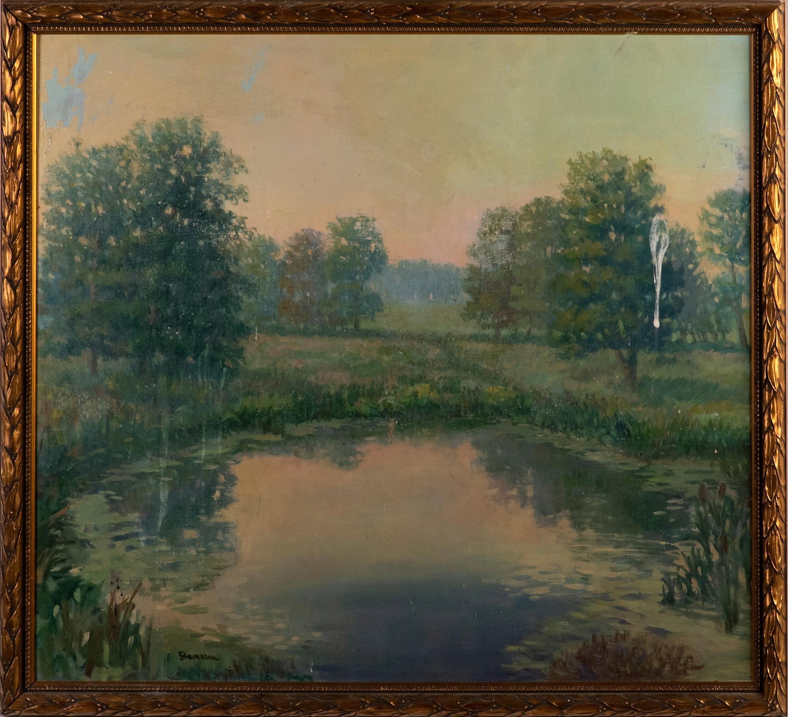 An Impressionist Landscape Oil on Canvas Signed Stevenson: Landscape Oil on canvas Signed l.l. 35 x 39 inches (sight) 39 x 43 inches (frame) Overall fair to good condition. Loss of paint upper left and stains to right upper corner.