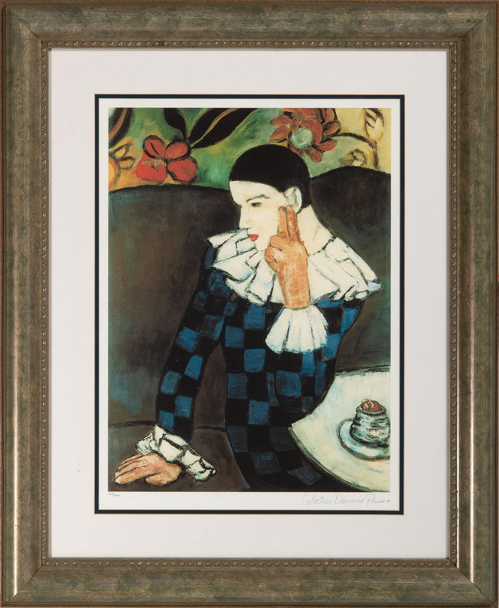 Collection Domaine Lithograph After Pablo Picasso (1881-1973): Harlequin Lithograph on Paper Collection Domaine Picasso in Pencil l.l. Stamp Numbered 167/500 23 x 16.75 inches (sight) 35 x 28 inches (frame) Overall good condition. Certificate of Authenticity on f