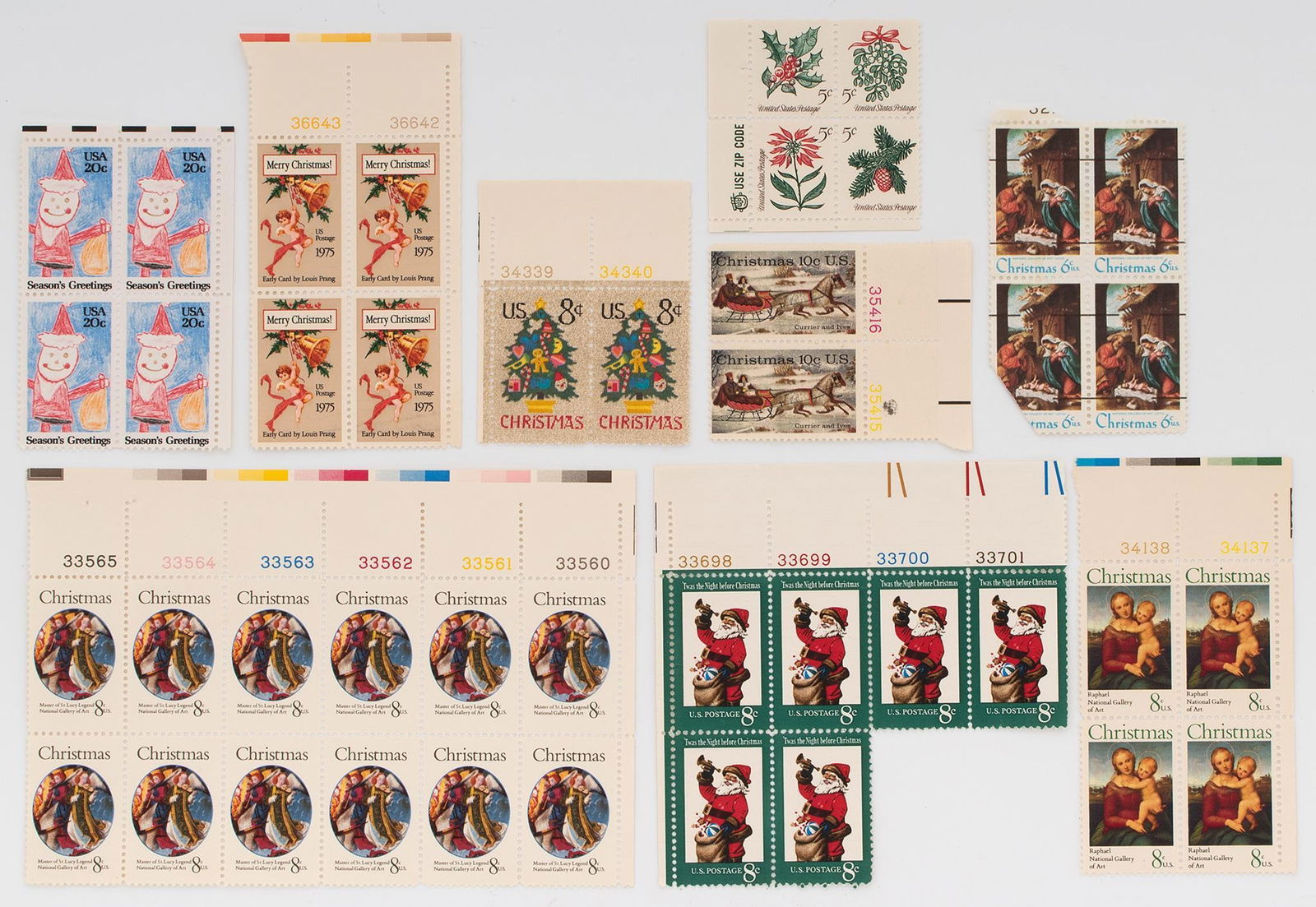 A Group of Christmas Related Stamps: American, 20th century. A group of Christmas related stamps, lot includes 25 On The First Day of ChristmasMy True Love Gave To Me 8 cent stamps, 18 Mater of St Lucy 8 cent stamps, 4 Raphael National G