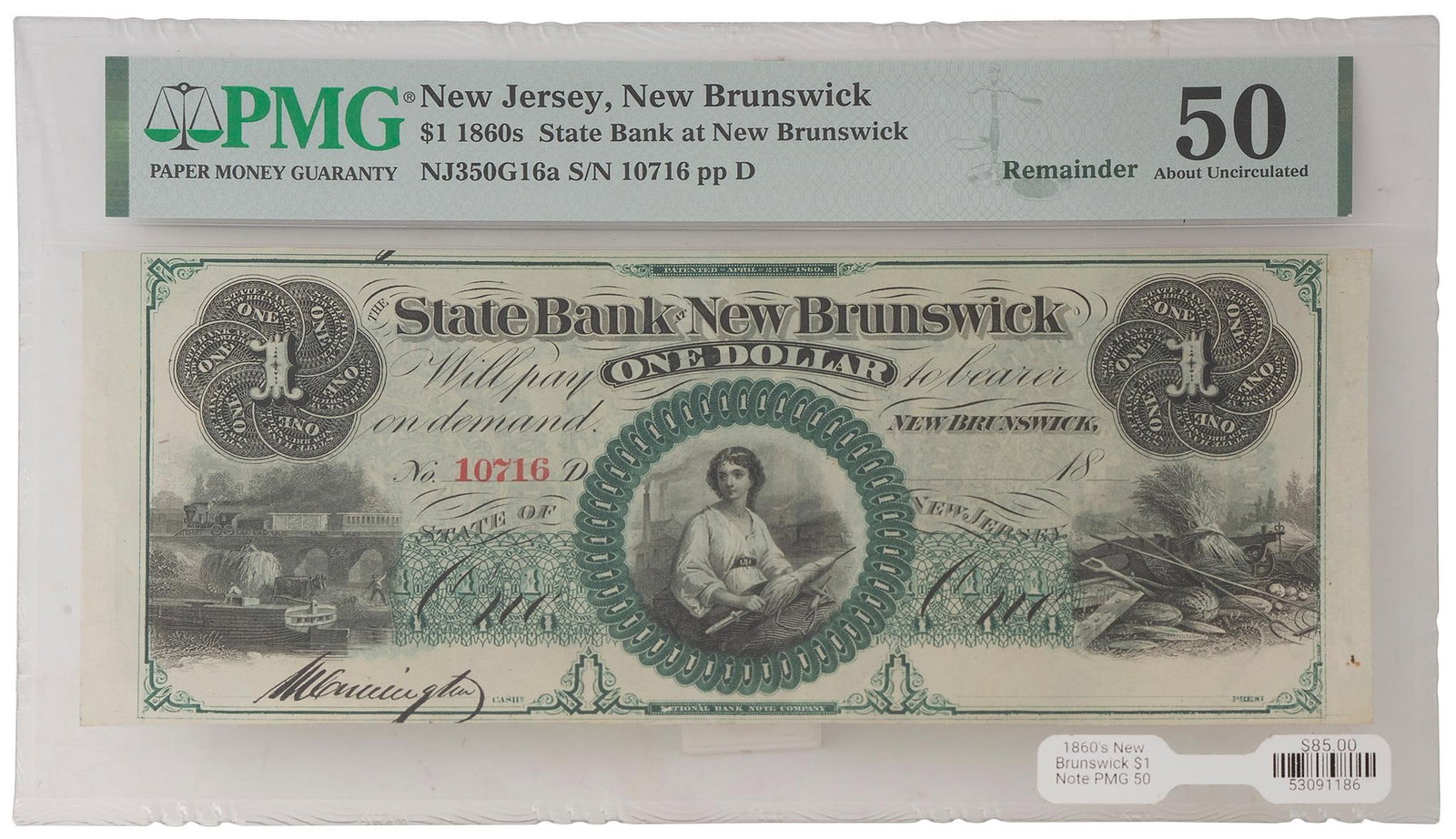 A State Bank New Brunswick 1860's One Dollar Bill: Lot includes a single $1 State Bank New Brunswick 1860's dollar bill. No. 10716. PMG graded. Overall good condition.
