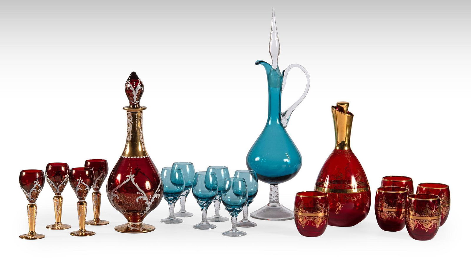 Collection of Victorian Cranberry and Cobalt Decanters and Goblets (1 of 5)