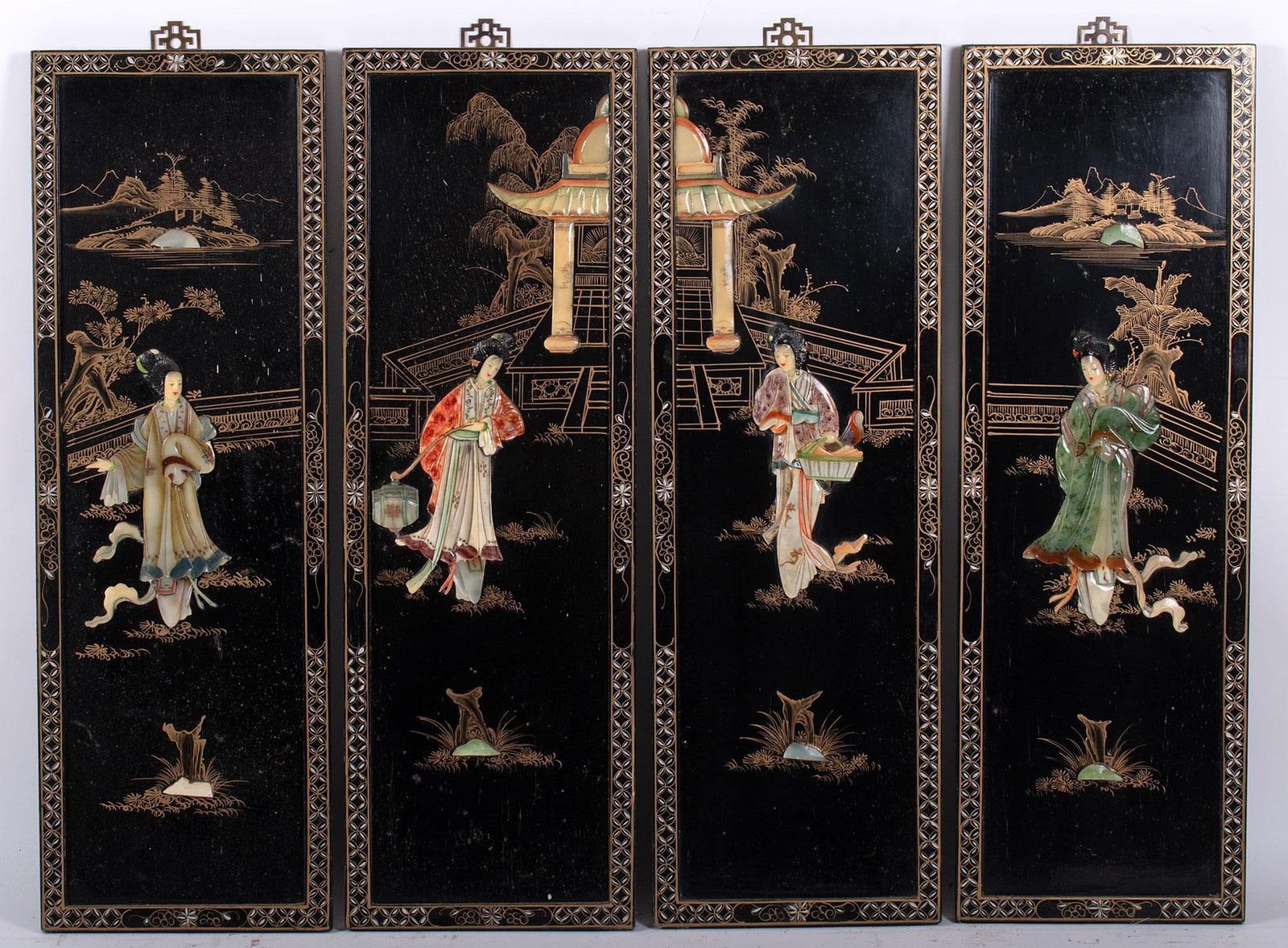 Four Lacquered Paneled Screens with Figural Hardstone Carvings (1 of 1)