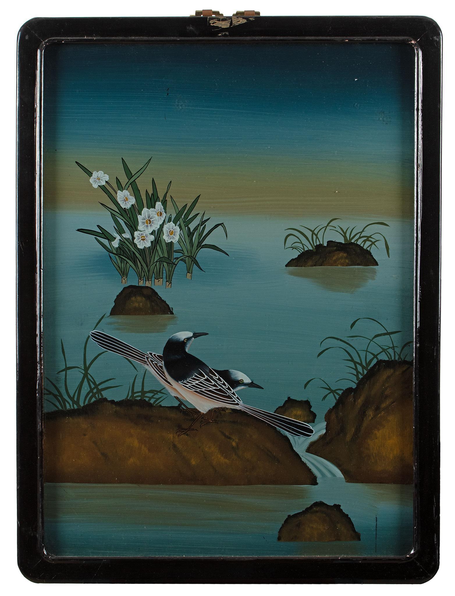 A Group of Six Chinese Reverse Painted Glass Wildlife Panels (1 of 6)