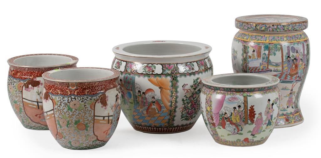 A Group of Five Chinese Porcelain Garden Stool and Planters (1 of 1)