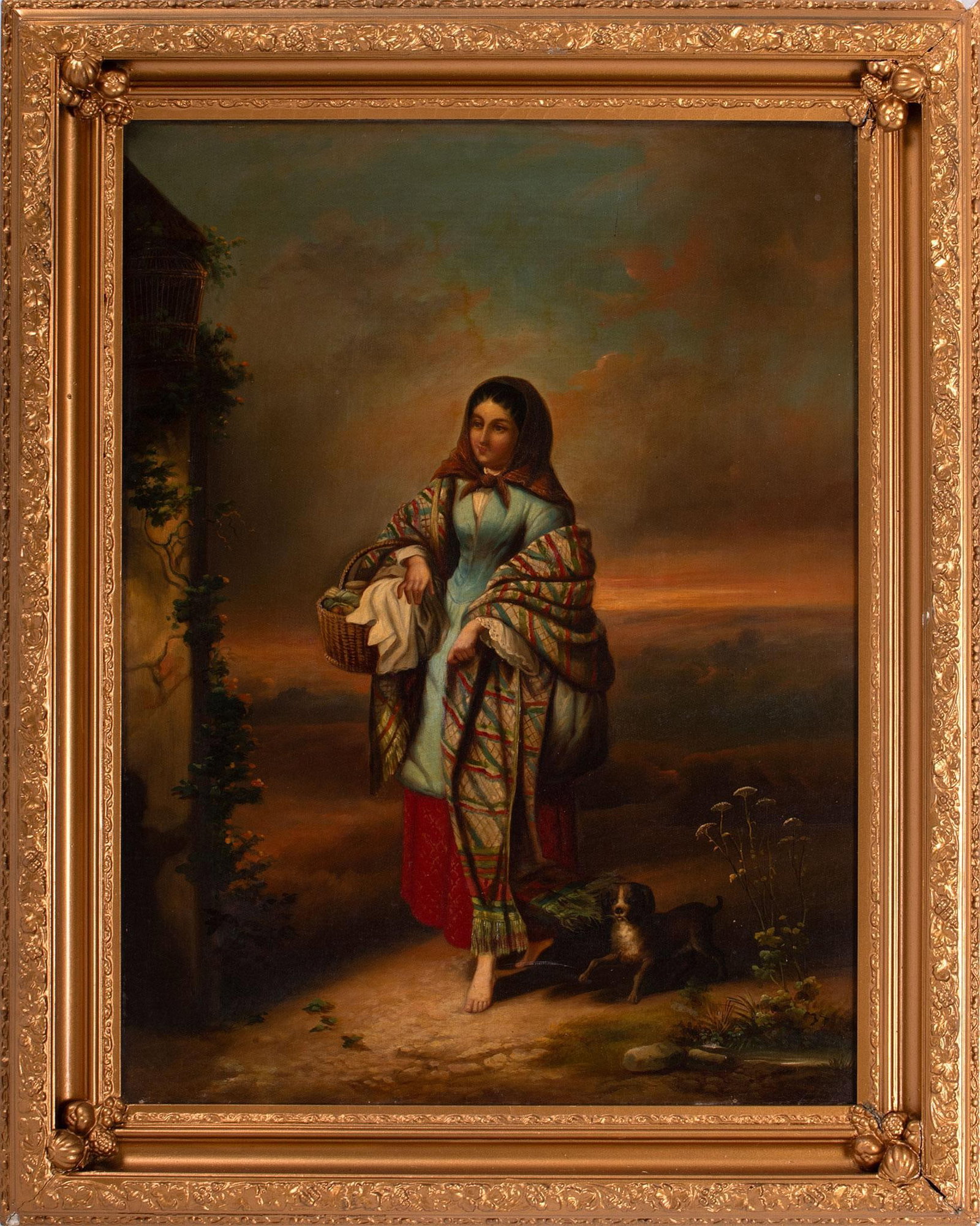 A late 19th Century Oil Portrait of a Young Woman: young farmer with dog oil on canvas unsigned, Rodenmayer of Baltimore Canvas 18 x 23.5 inches (sight) 23.5 x 30 inches (frame) Overall good condition. Craquelure throughout. Minor abrasion lower right