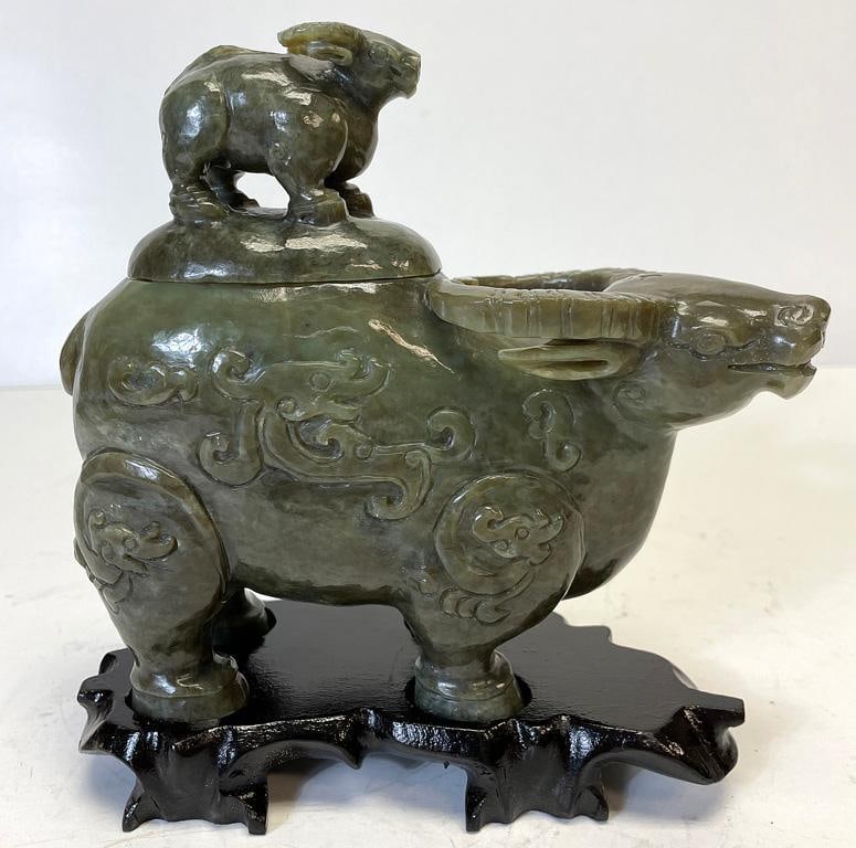 A Chinese Hardtone Carved Water Buffalo Lidded Vessel (1 of 3)