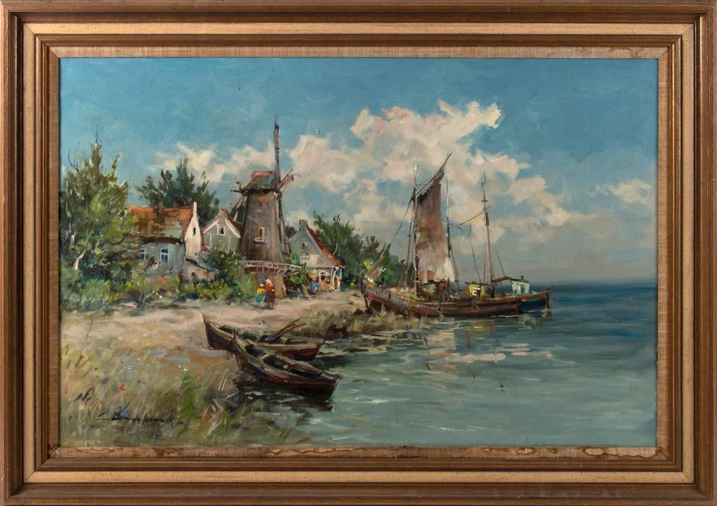 Impressionist Signed Harbor Scene Oil on Canvas: impressionist harbor scene oil on canvas 20th century signed l.l. 36.6 x 23.5 inches (sight) 42 x 32.5 inches (frame) Overall good condition with minimal loss of oil to canvas throughout do to dryness
