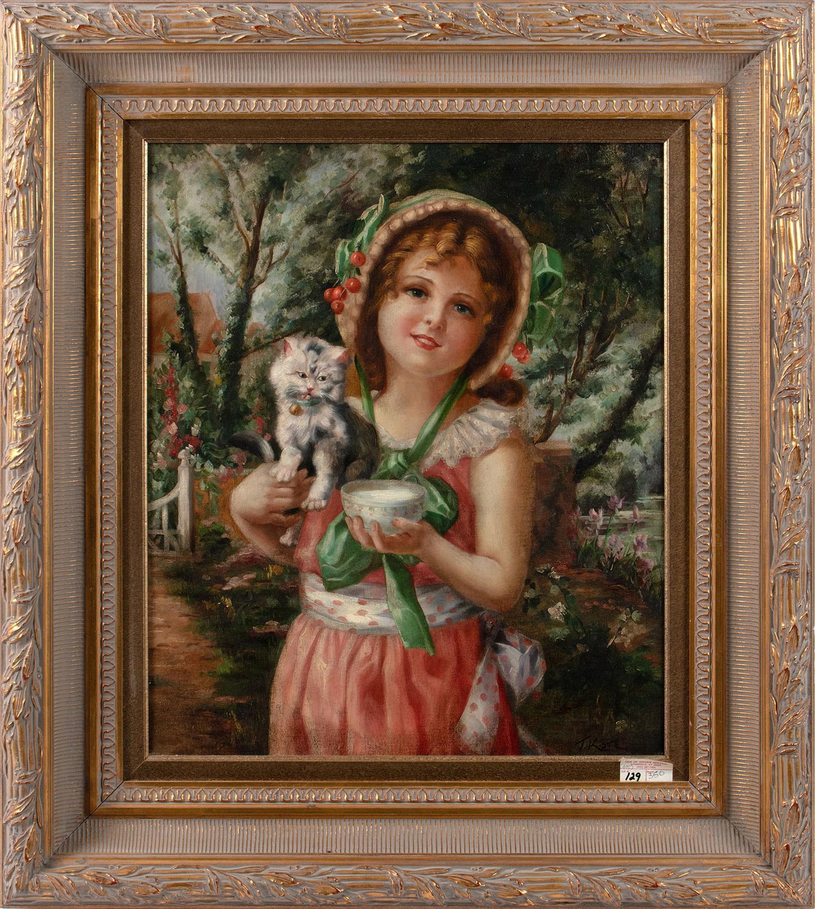A 20th Century Portrait of a Young Girl with Cat by T. Kote: portrait of a girl oil on canvas signed l.r. 19.5 x 23.5 inches (sight) 31 x 36 inches (frame) Overall good condition. Provenance: Den of Stevens Auctions Louisville, Kentucky.