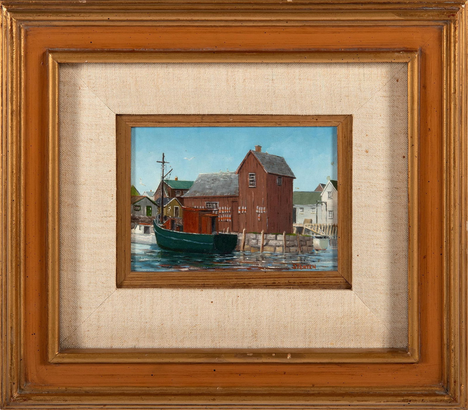 Northeast Coast Harbor Scene by Stan Stenten (Cincinnati, 20th century): Mottif #1 Rockport Oil on Canvas Signed l.r. 4.5 x 6.5 inches (sight) 13 x 15 inches (frame) Overall good condition.