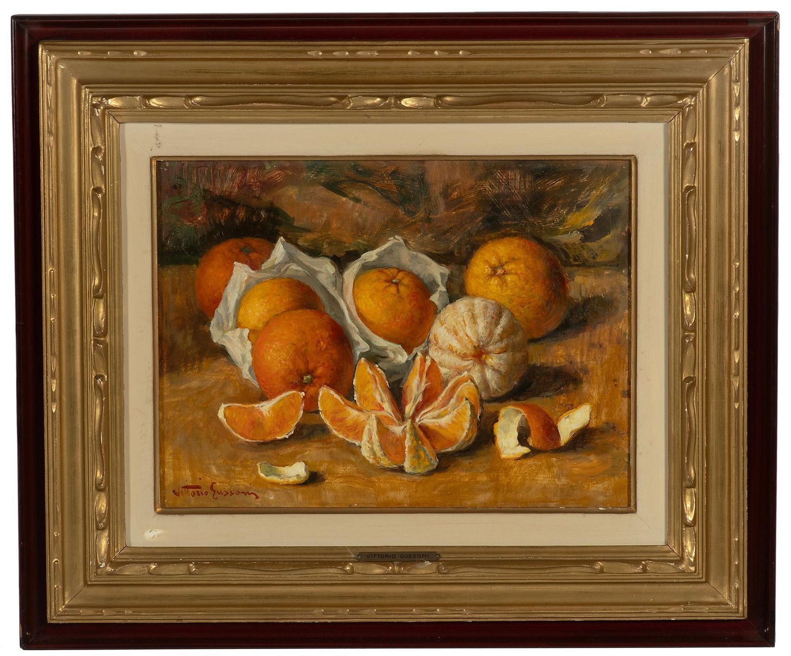 Still Life Oil on Board by Vittorio Gussoni (Italian, 1893-1968): Still Life of Oranges Oil on Board Signed l.l. 11.5 x 15.5 inches (sight) 21 x 25 inches (frame) Overall good condition. Florence Art Gallery label on verso.