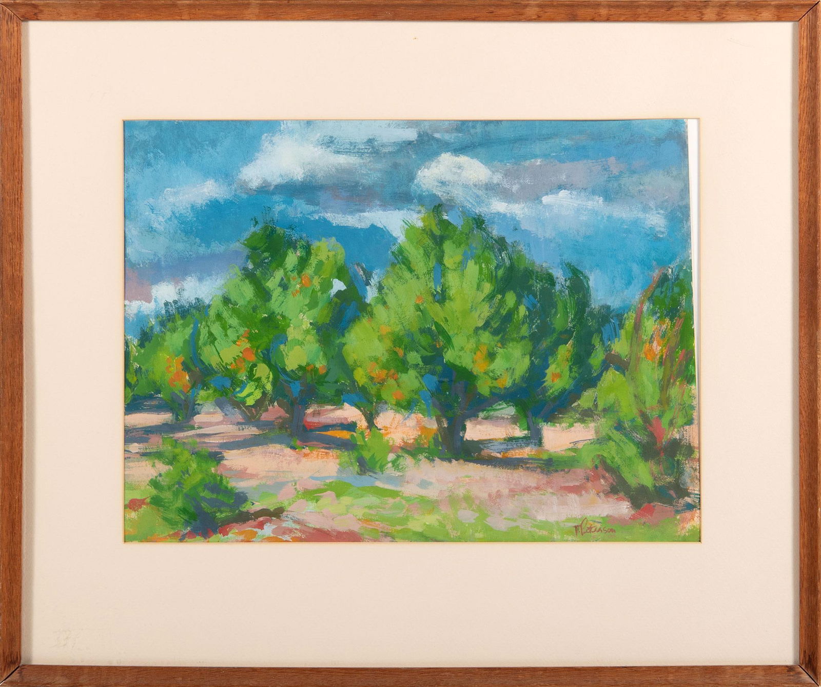 Orchard Landscape Gouache on Paper by J. Peterson: Orchard Landscape Gouache on Paper Signed l.r.Possible work of Jane Peterson during her time in San Diego 15 x 20.5 inches (sight) 24.5 x 29.5 inches (frame) Overall good condition.