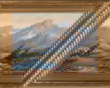 California Landscape by Nevada Wilson (American, 1877-1961): California Landscape Oil on Board Signed l.r. Nevada Wilson (Nevada/California, 1877-1961 L.A. Art League Member Studied with Paul Lauritz and Jack Wilkinson Smith 11.5 x 15.5 inches (sight) 16.25 x 2