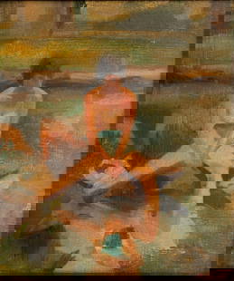 Figural Landscape Oil on Board by Michael Scott (American, b. 1952): Female Figure in Lake Oil on Board Signed l.r. 8.25 x 7 inches (sight) 11 x 9.75 inched (frame) Overall good condition. Duvenek House, Inc 1126 Greenup St Covington, Ky label on verso.