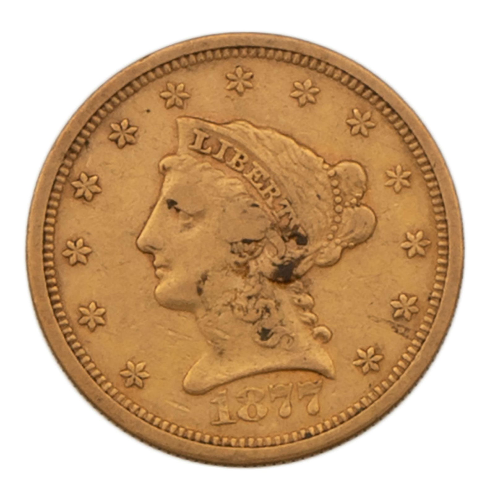 An 1877 United States 2 1/2 Dollar Gold Liberty Head Coin (1 of 2)