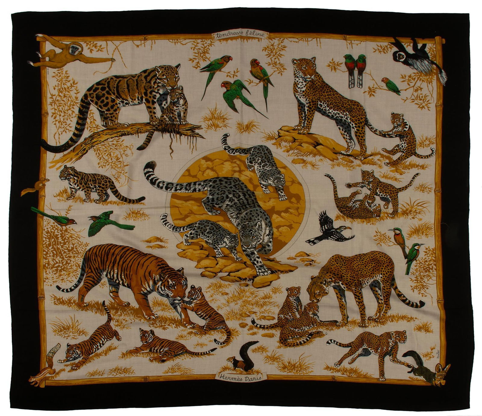 Vintage Hermes "Tendresse Feline" Silk & Cashmere 140 Shawl: French, 20th century. A vintage "Tendresse Feline" silk and cashmere 140 shawl by Hermes of Paris. 52 x 52 inches. Overall good condition. No pulls, tears, or stains.