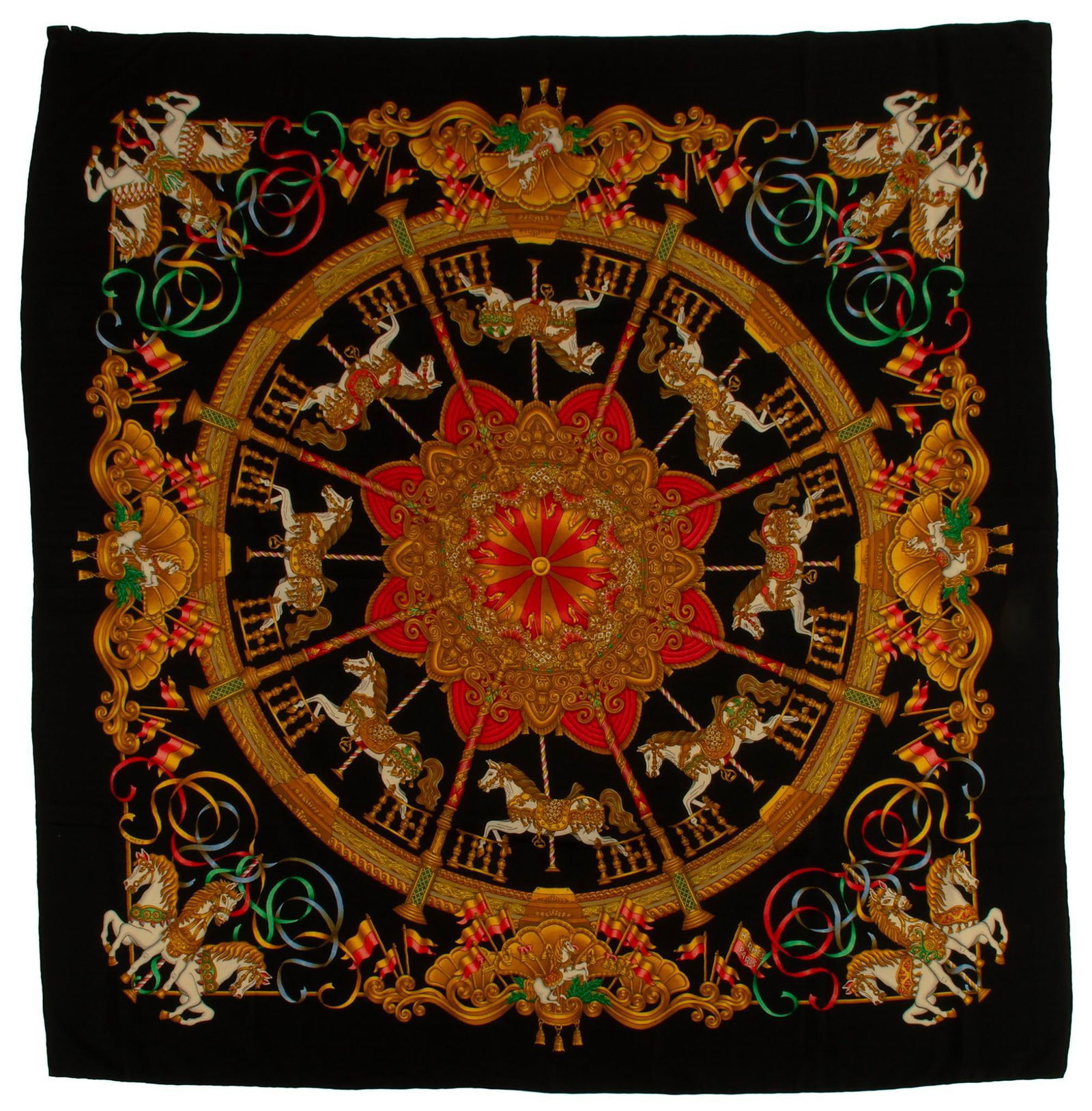 A Vintage Hermes "Luna Park" Silk & Cashmere 140 Shawl: French, 20th century. A vintage "Luna Park" silk and cashmere 140 shawl by Hermes of Paris, shawl is 53 x 53 inches. Overall good condition. No tears, pulls or stains.