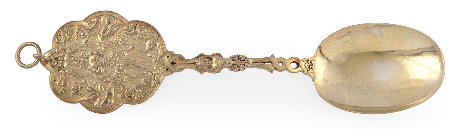 Tiffany & Co. Sterling Silver Wine Tasting Spoon: American, early 20th century. A Tiffany & Co. gilt and figural decorated sterling silver wine tasting spoon, Tiffany & Co. hallmark on verso with # 583 over M; length 12 inches. 178 grams. Ove