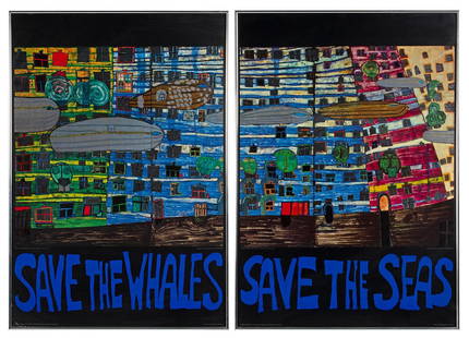 Offset Lithograph Prints by Friedensreich Hundertwasser (Austrian, 1928-2000): Save the Seas; Save the Whales Offset Lithographs in color with metallic embossing Hundertwasser 777 song of the Whales 1978- 1984 by Gruener Janura AG Glarus/Switzerland. Originally dedicated to Gre